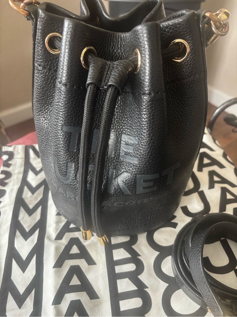 Marc Jacobs Black Pebbled Leather Logo Drawstring Bucket Crossbody